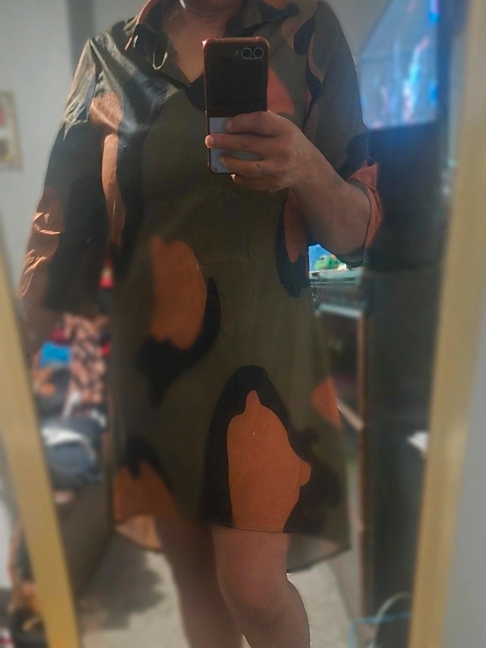 Olive Green Shirt Dress with Bold Rust and Black Print